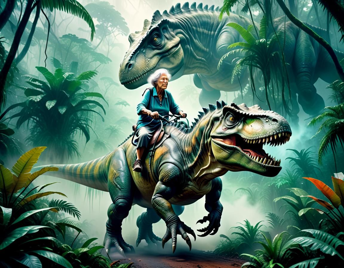 Grandmother Rides a T-Rex in Tropical Rainforest