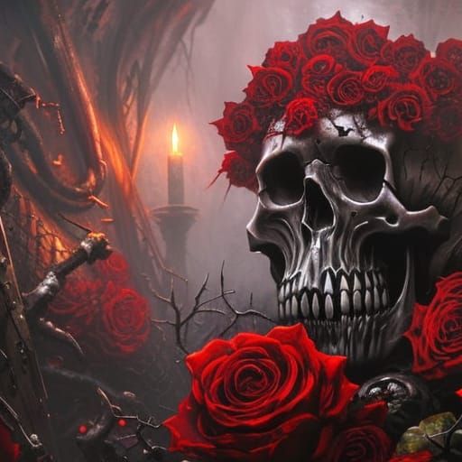 Skull and Roses in Dark Fantasy Style
