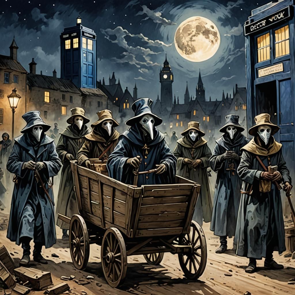 The scene is desolate. In the moonlight there is a large handcart with Dr Who disguised as a Plague Doctor. Following it...