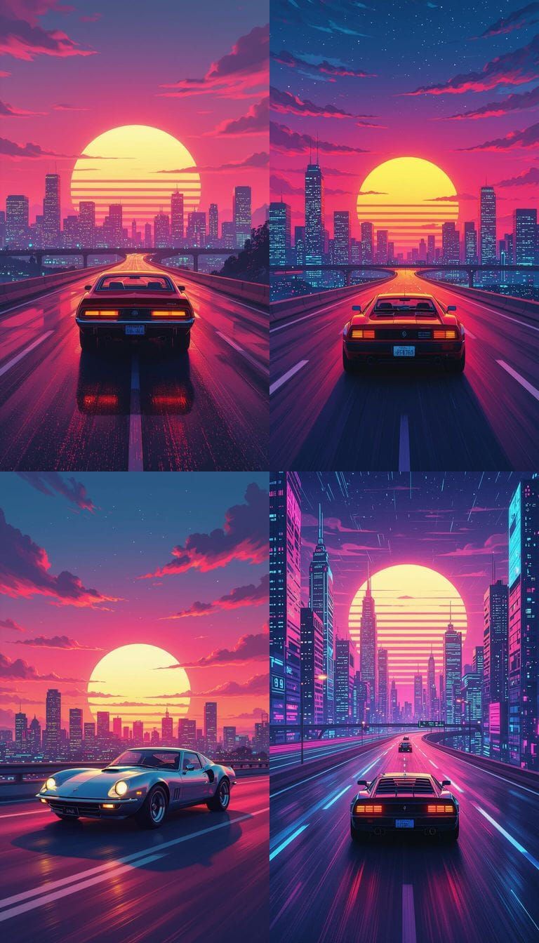 Neon Cityscape with Sports Car at Digital Sunset