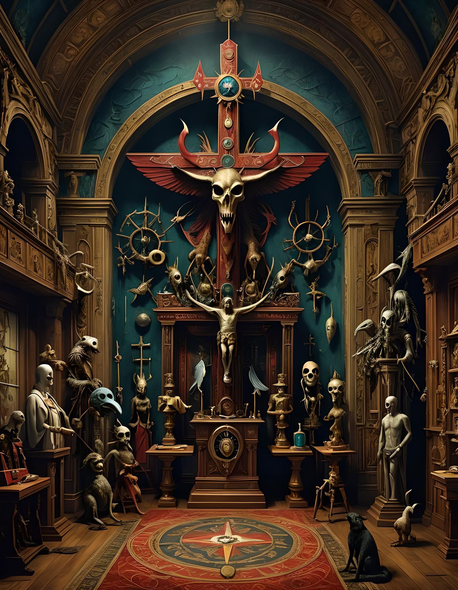 Cryptid Taxidermy Masonic Lodge in Surrealist Style