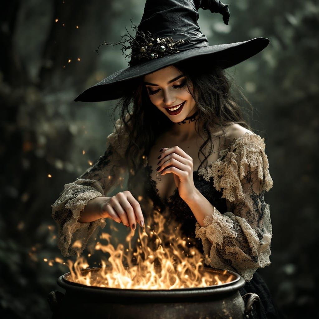 Eerie Cauldron Scene: Beautiful Witch Stirring Pot