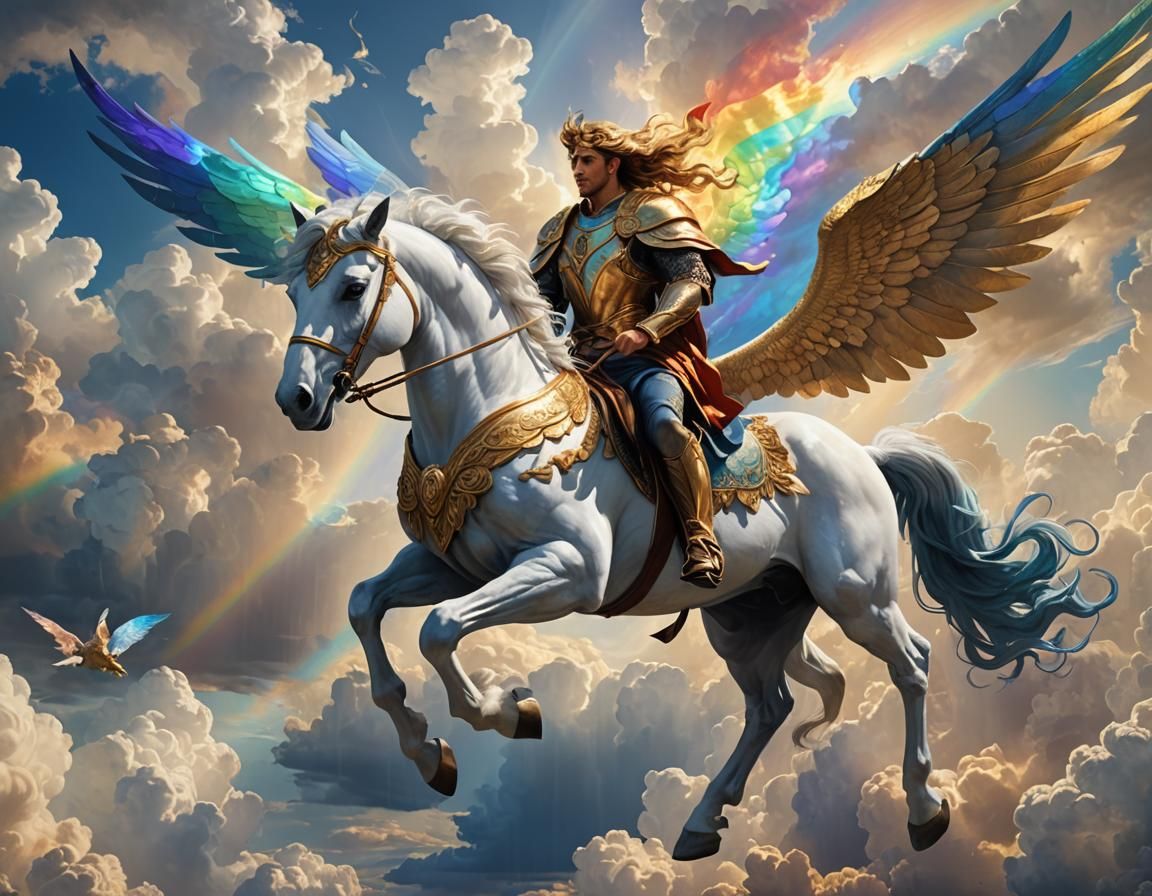 Bellerophon Rides Pegasus Through Cloudy Skies