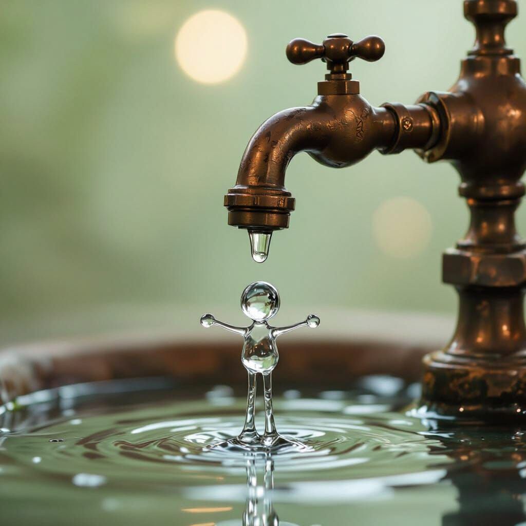 Water Droplet Figure on Copper Pipe, Dreamy Realism