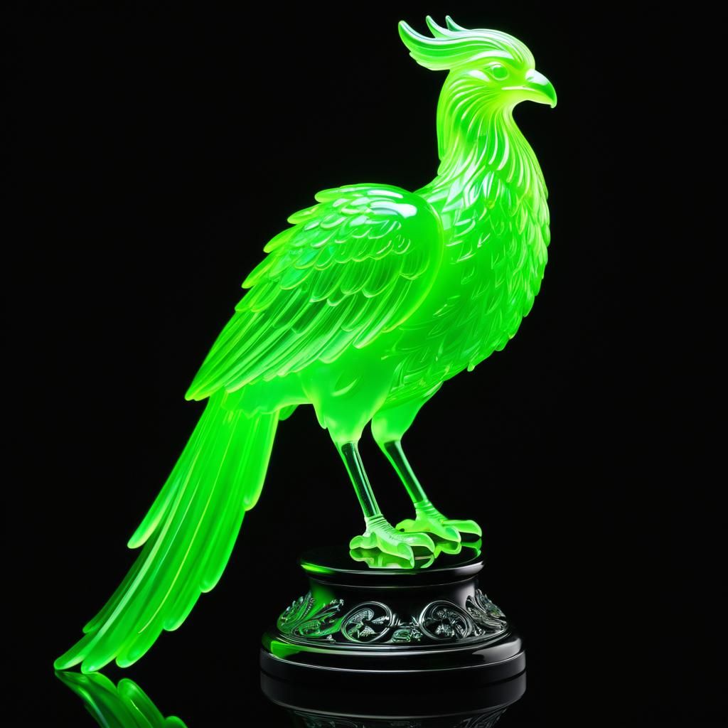 Uranium Glass Phoenix Figurine in Black Light