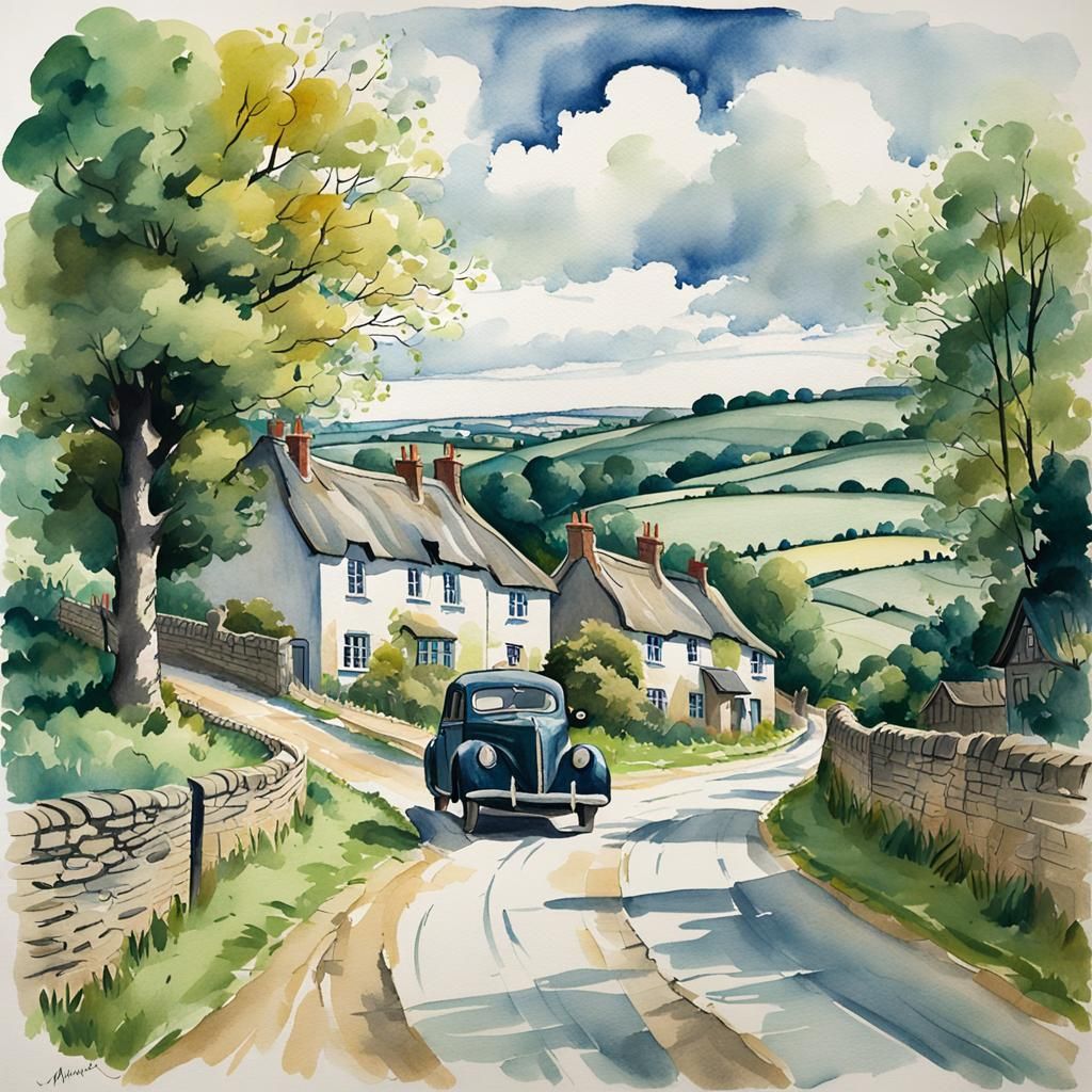 1940s Country Road Scene in Pen and Ink