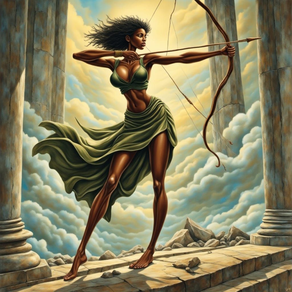 Black Woman with Bow and Arrow in Greek Toga