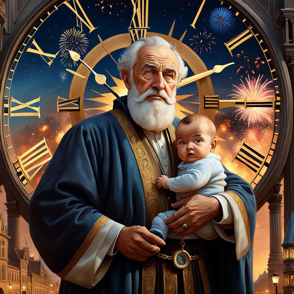 Old Man, Baby, and Clock in Renaissance Style