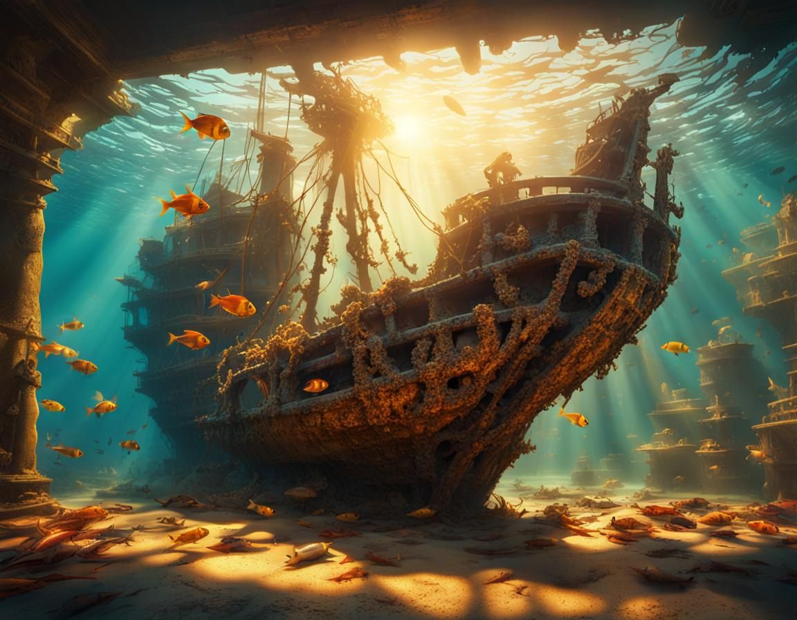 Sunken Shipwreck with Statue and Fish