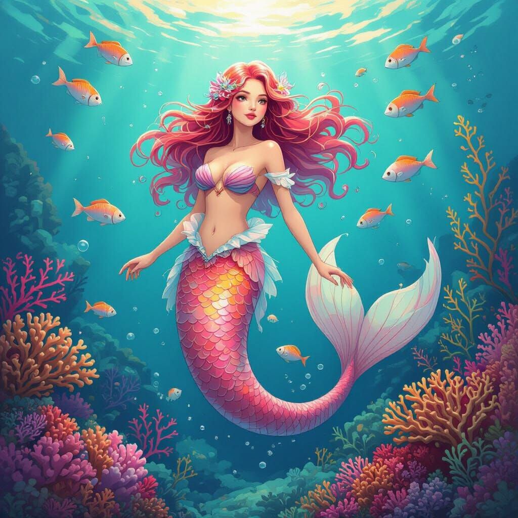 Mermaid in Vibrant Coral Reef, Dreamy Art