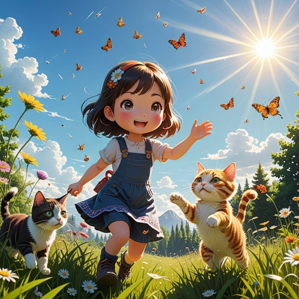Girl and Cat Play in Sunny Meadow