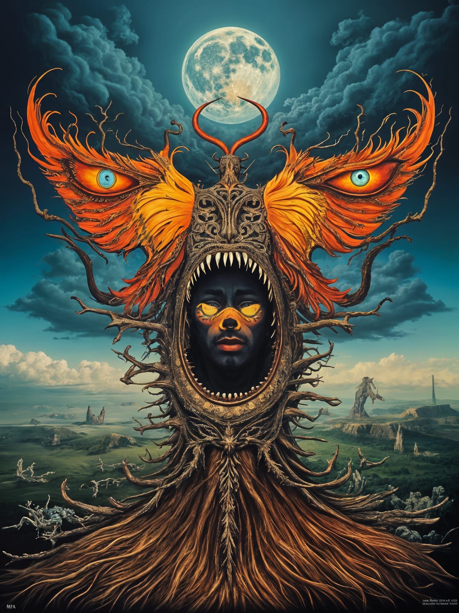 Muscular Man-Peacock Hybrid with Fiery Eyes in Dreamscape