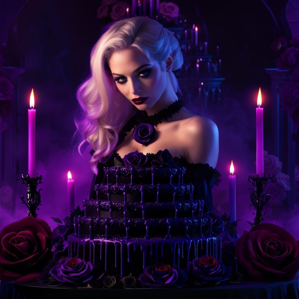 Gothic Vampire Girl with Black Cake and Roses