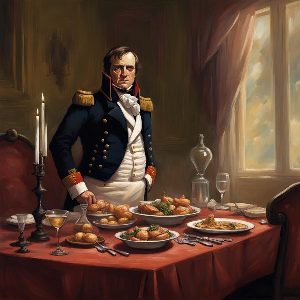 Sinister Napoleon Dinner Preparation in Fantasy Art Style