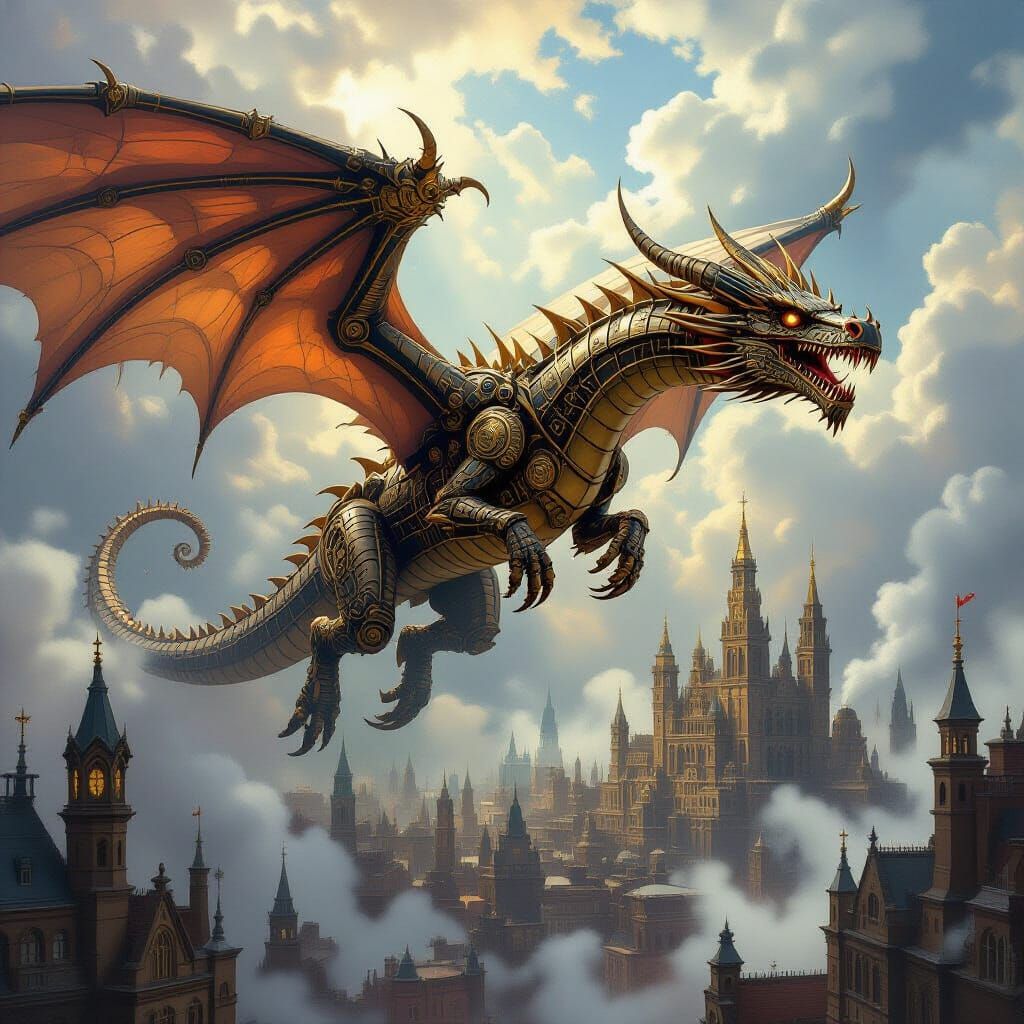Clockwork Dragon Soars Over Victorian Steampunk City