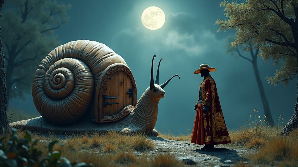 Giant Snail Home in Moonlit Glade: Fantasy Art