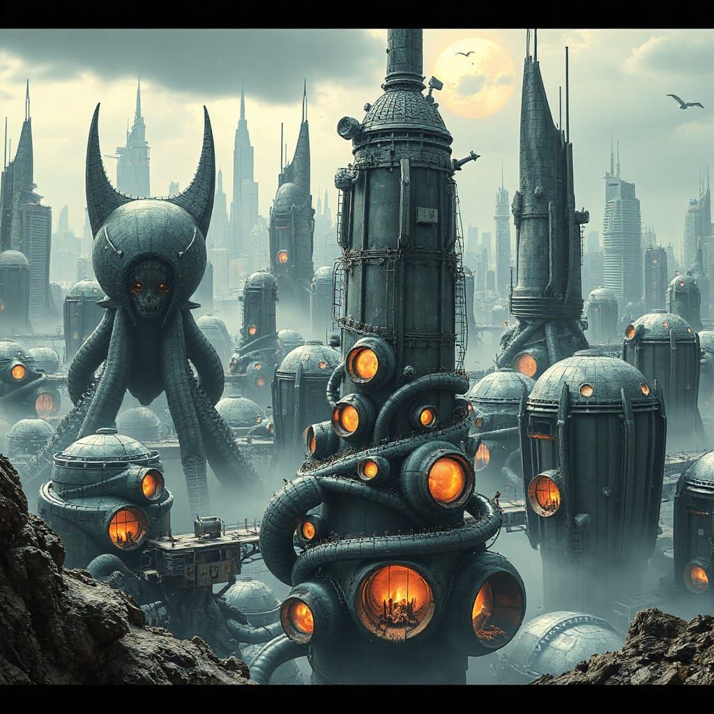 Surreal Futuristic Cityscape with Metabolic Architecture