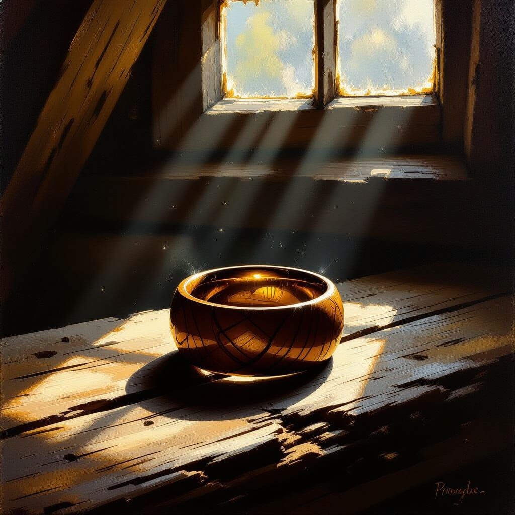 Hyperrealistic Oil Painting of a Carved Wooden Ring in Sunli...