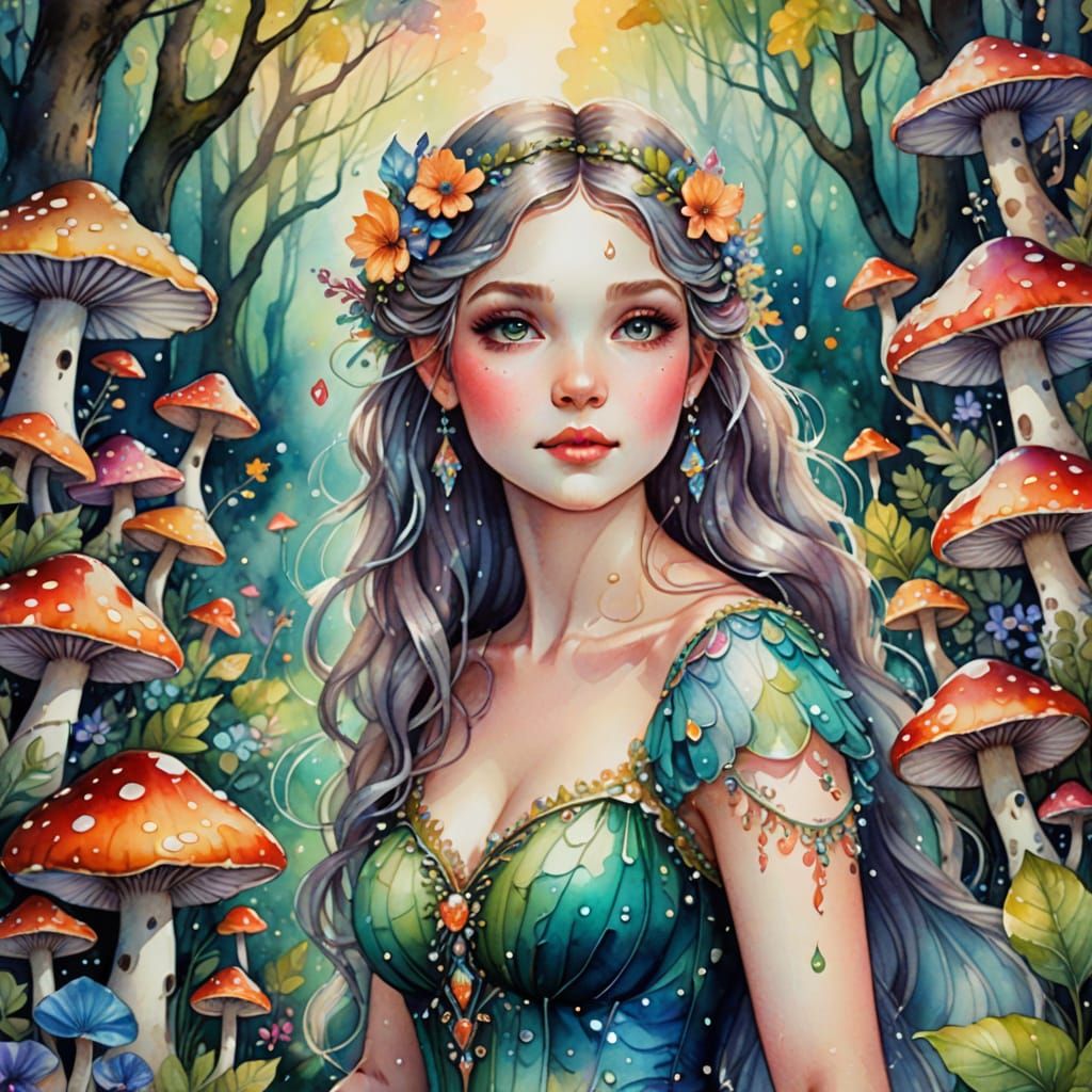 Whimsical Fairy in Enchanted Forest Watercolor