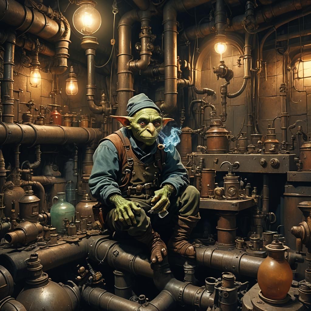 Goblin Plumber in Workshop Inspired by Beksinski