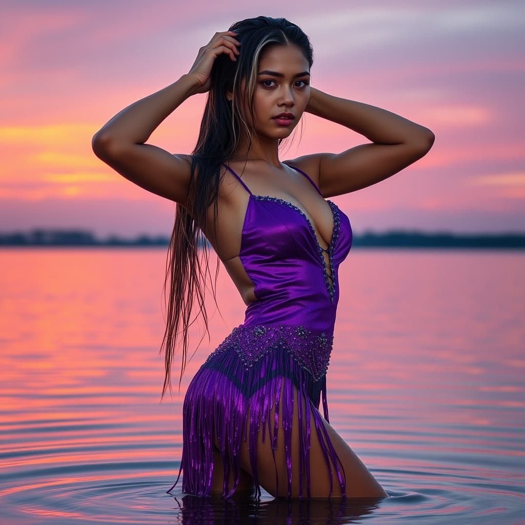 Stunning Latina Woman at Sunset, Hyperrealistic Photography