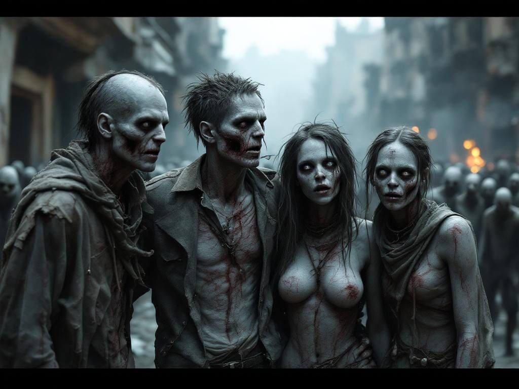 Hyperrealistic Zombies in Destroyed City, Cinematic HDR Scen...