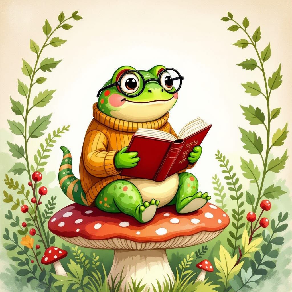 Worm Reading Book on Toadstool, Disney Style