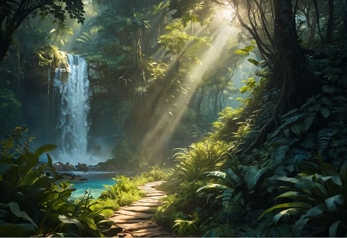 Lush Jungle Paradise with Golden Hour Sunbeams and Sparkling...