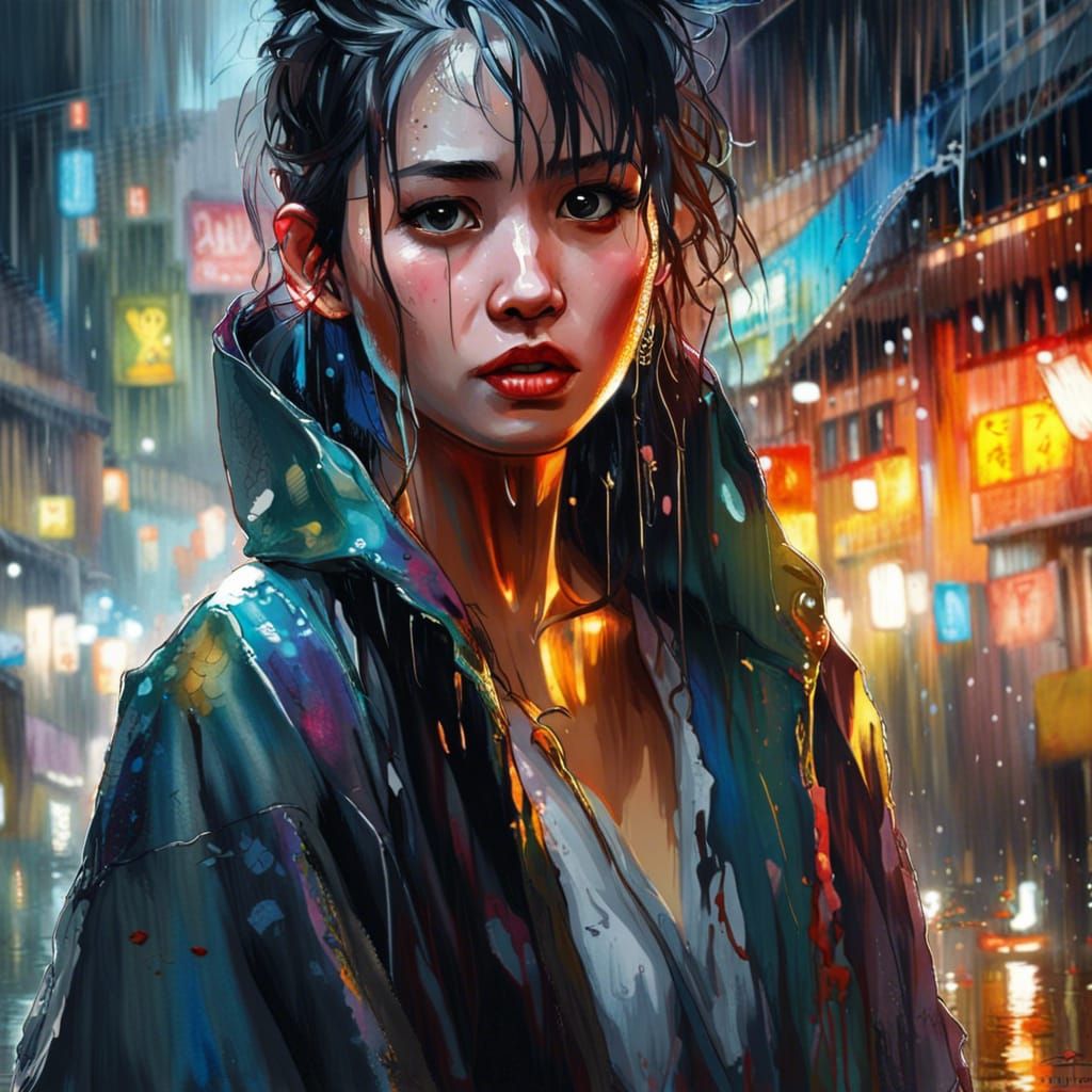 Chinese Girl in Rain, Wet Wash Watercolor Style