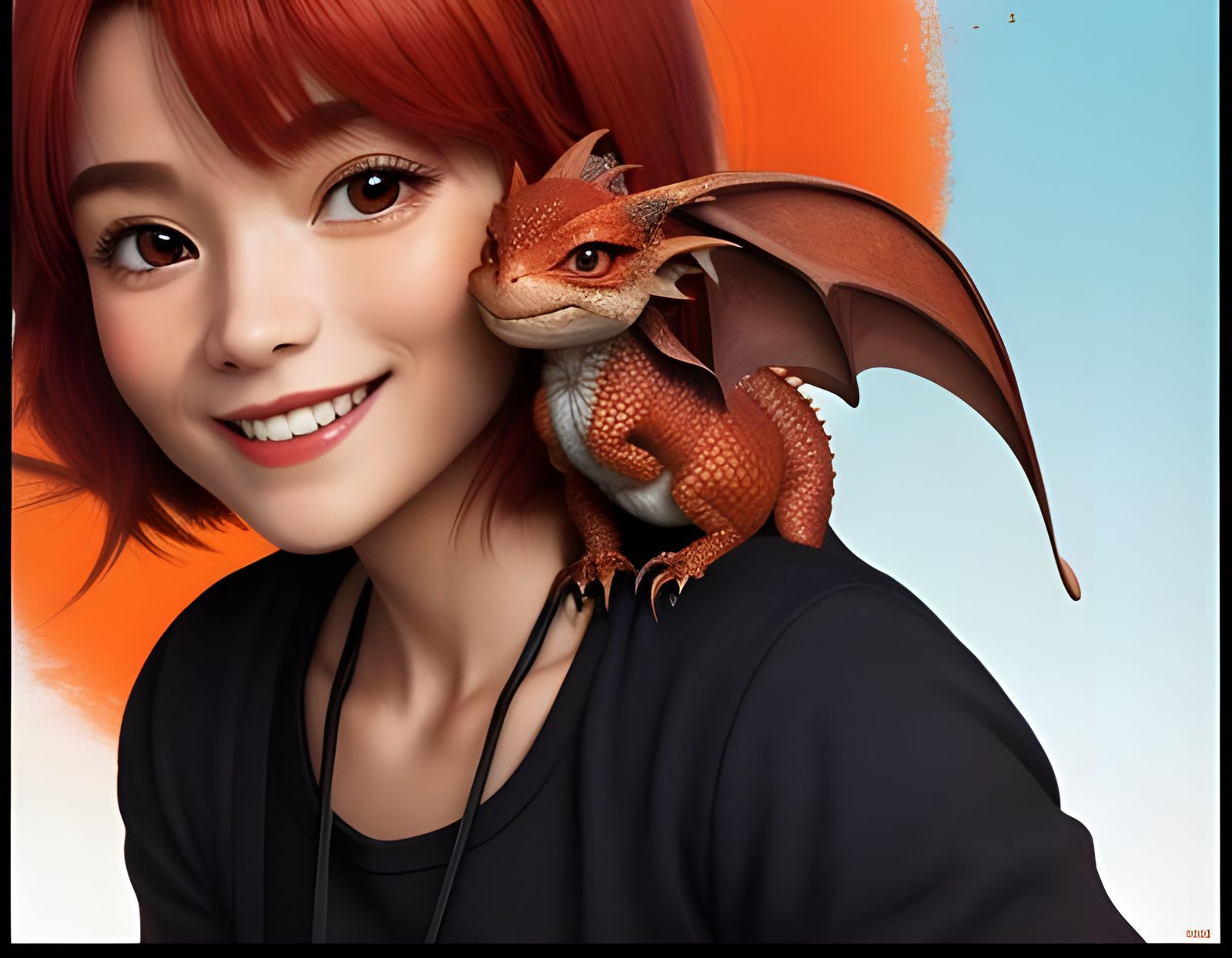 Little Red Dragon Perched on Smiling Woman's Shoulder