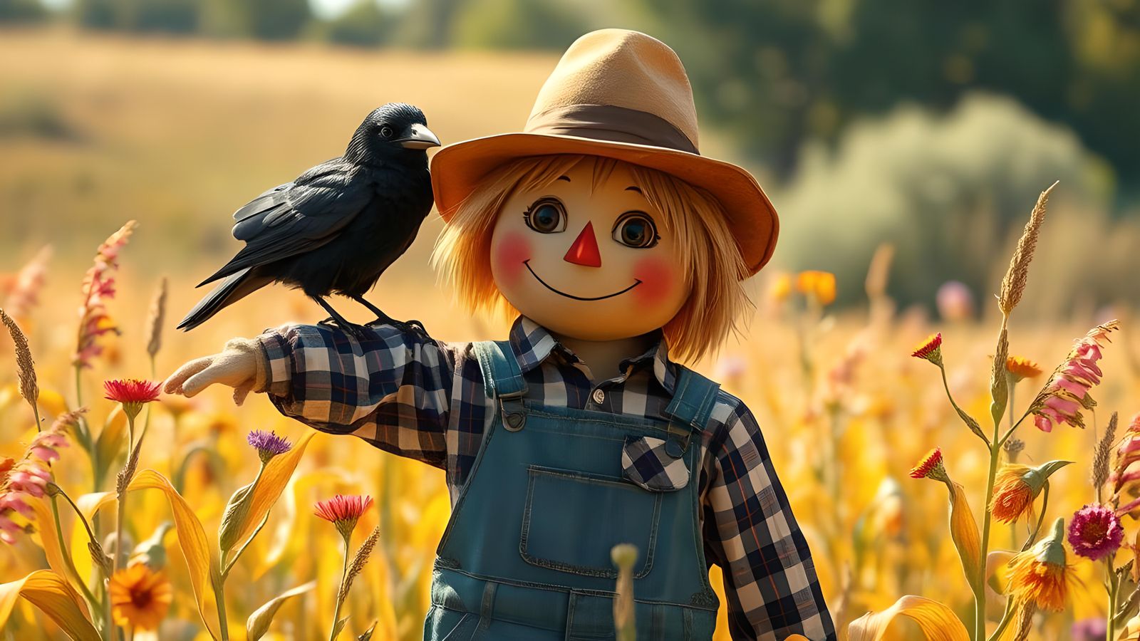 Friendly Scarecrow with Crows in a Vivid Cornfield