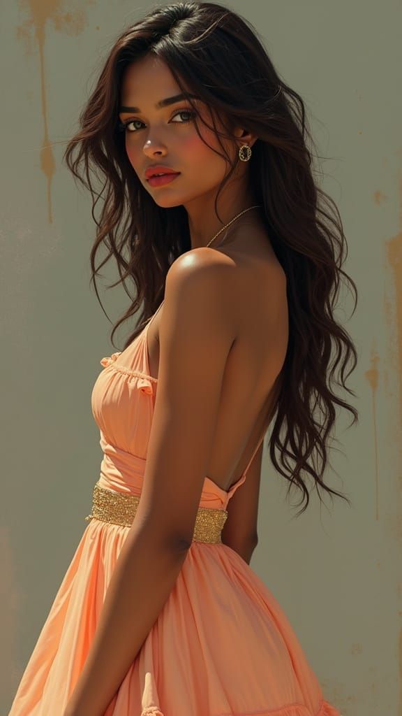 Woman in Peach Dress, Detailed Matte Painting