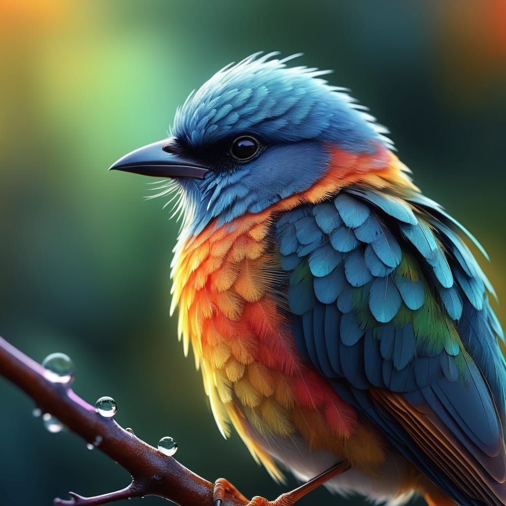 Vibrant Bird Perched on Branch in Morning Dew