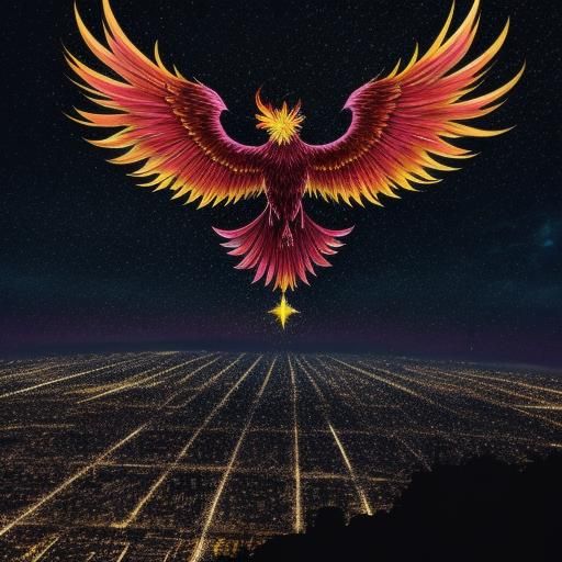 Anime Phoenix Soaring Through Fireworks Display