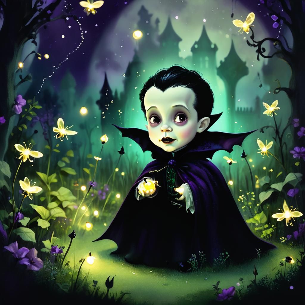 Baby Dracula's Moonlit Garden: A Whimsical Illustration