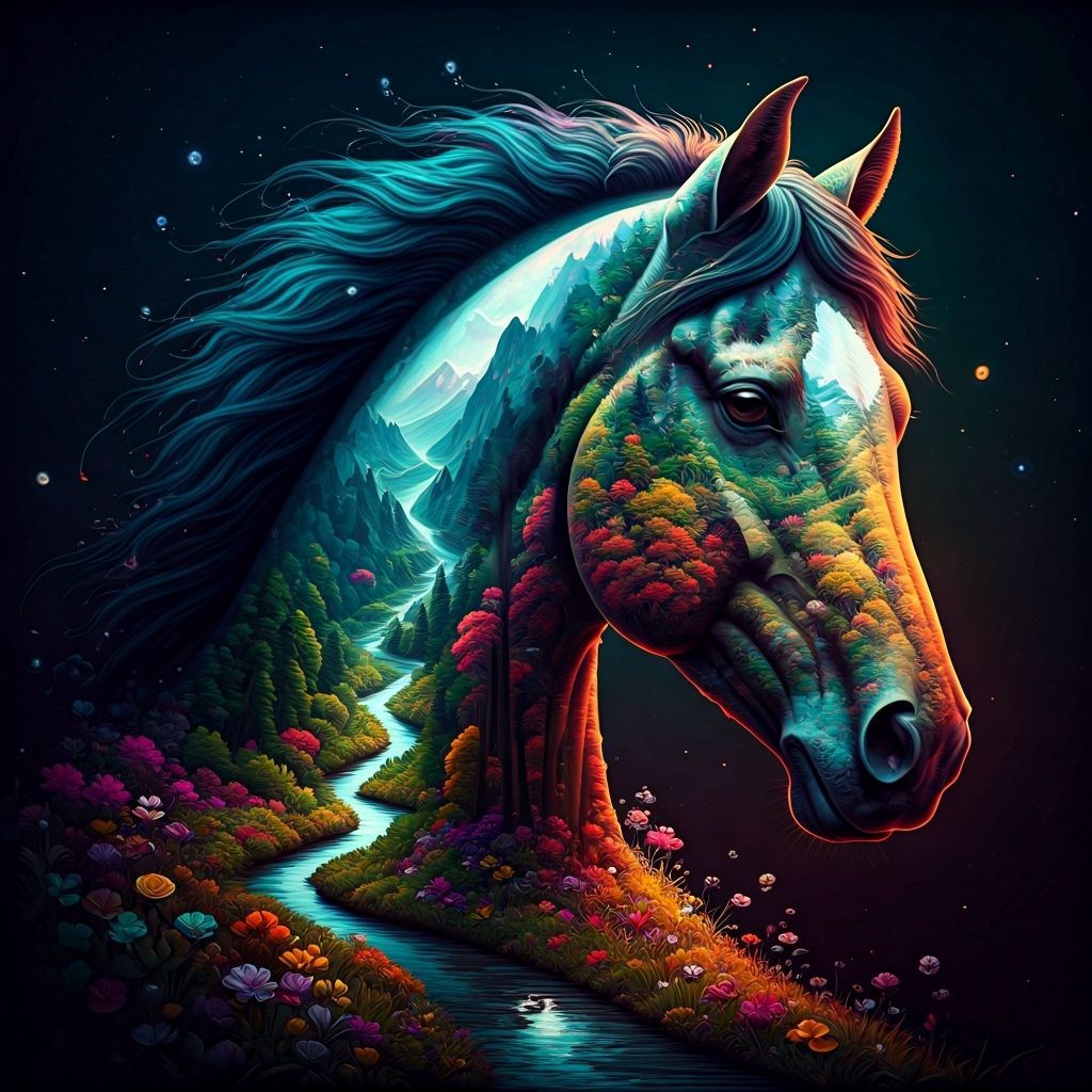 Horse Head Landscape Illustration in Astral Cosmic Style