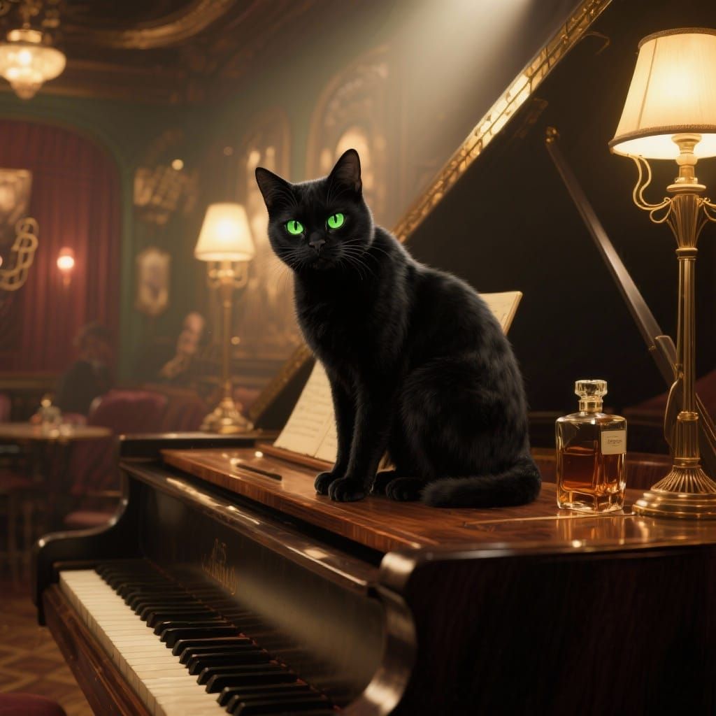 Black Cat on Piano in Opulent 1940s Jazz Club