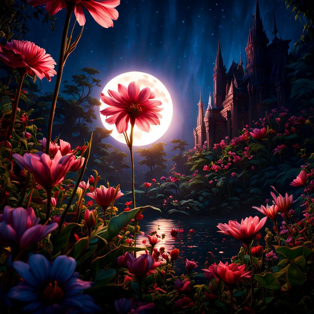 Moonlit Flower: Detailed Matte Painting in Deep Color