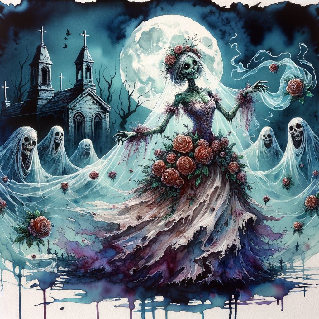 Zombie Bride's Moonlit Waltz in Spectral Cemetery