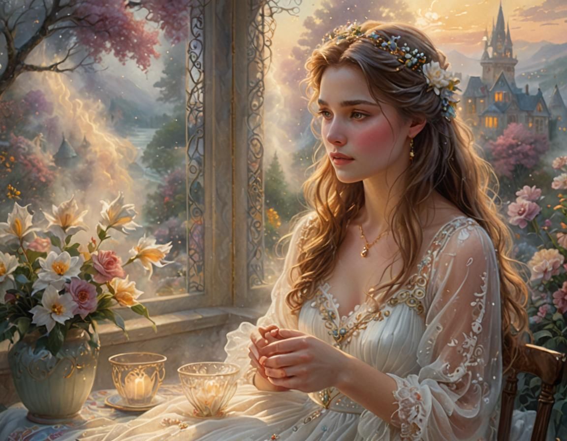 Ethereal Woman in Misty Landscape, Oil Painting Style