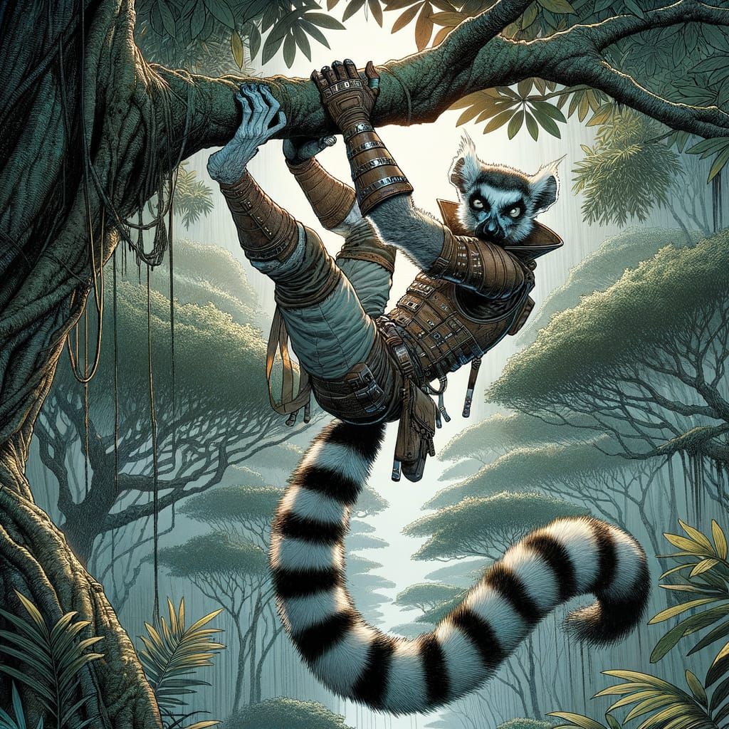 Lemur Ranger in Jungle Canopy, Comic Book Art
