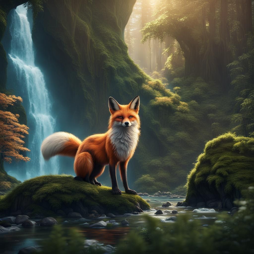 Diamond Fox at Waterfall: Fantasy Concept Art