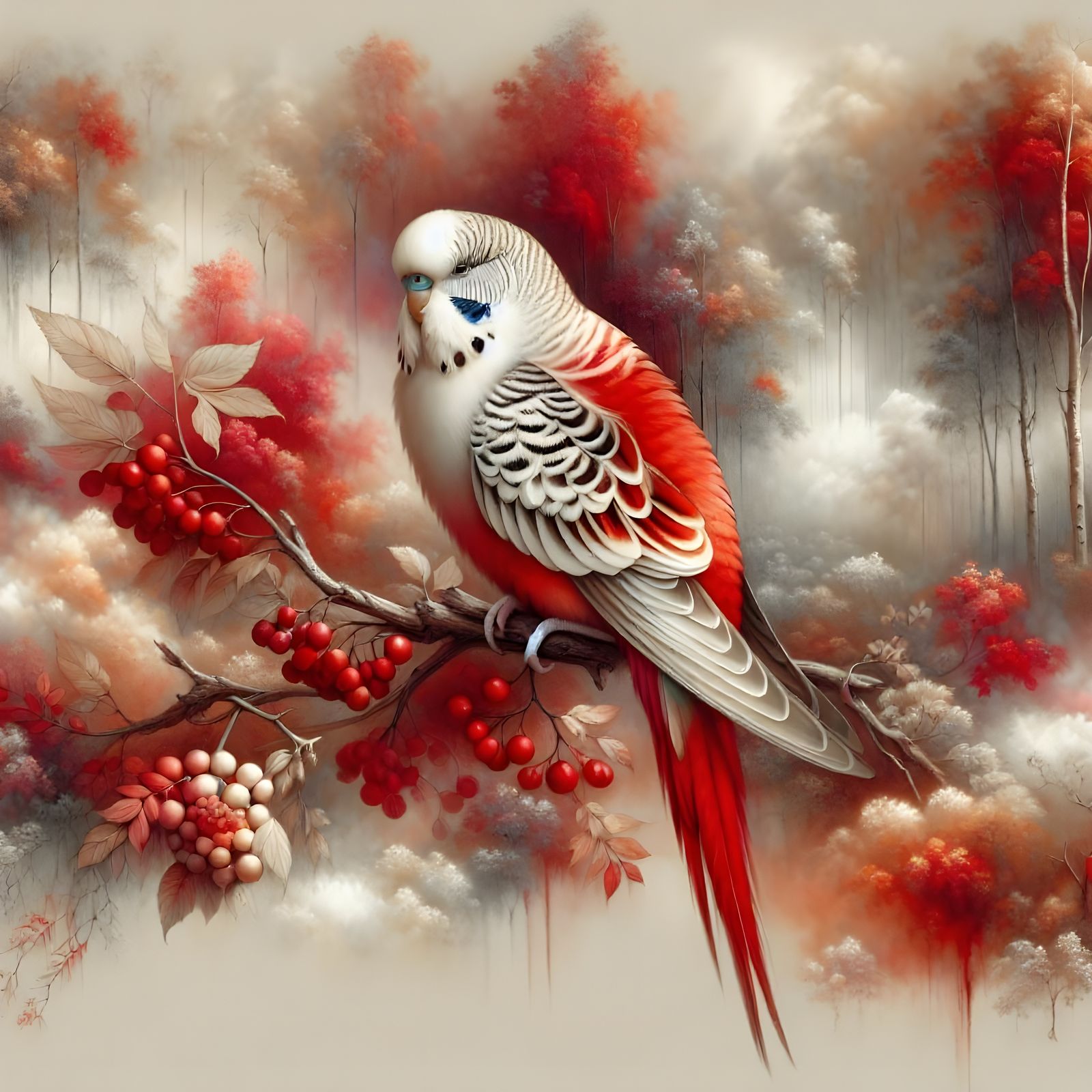 Budgerigar with Red, White, and Tan Plumage