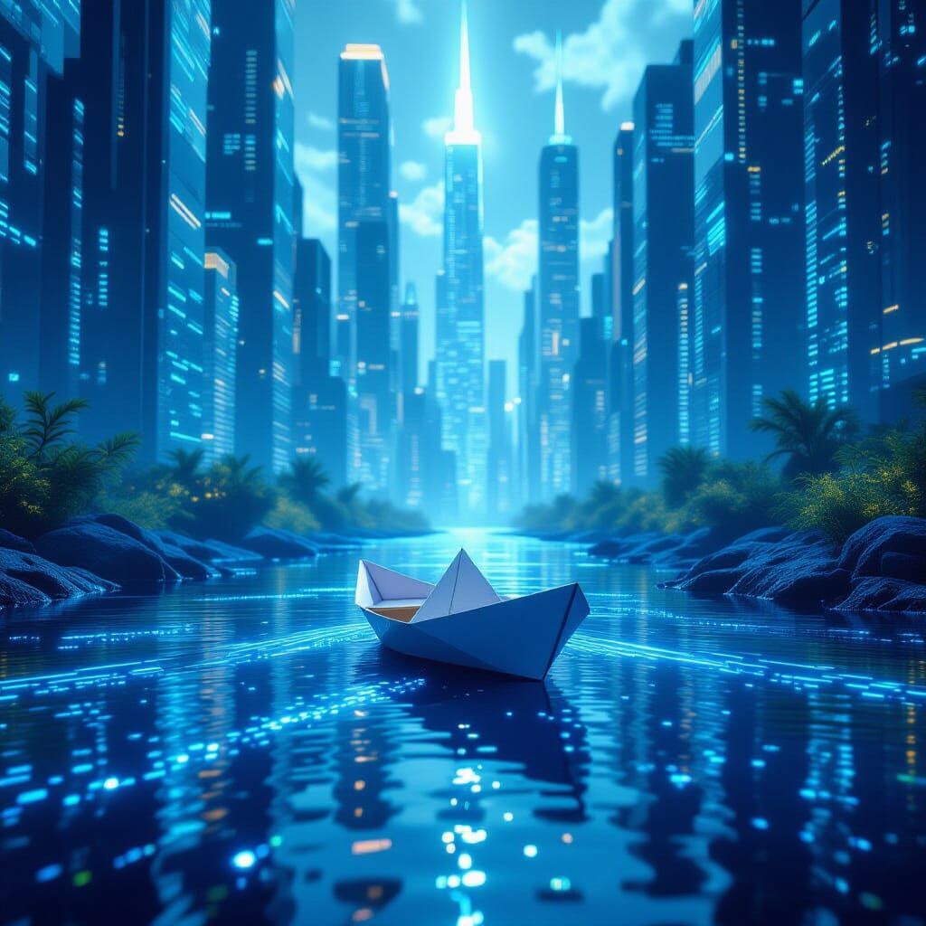 Paper Boat Navigates Data River in Futuristic Cityscape