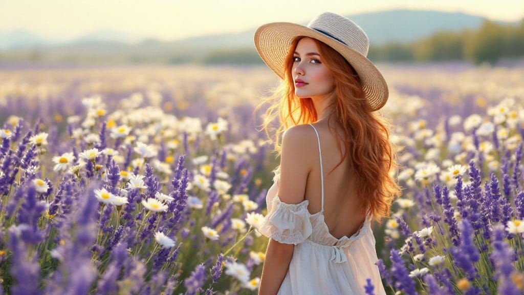 Orange-Haired Woman in Flowy Dress Amidst Lavender Field