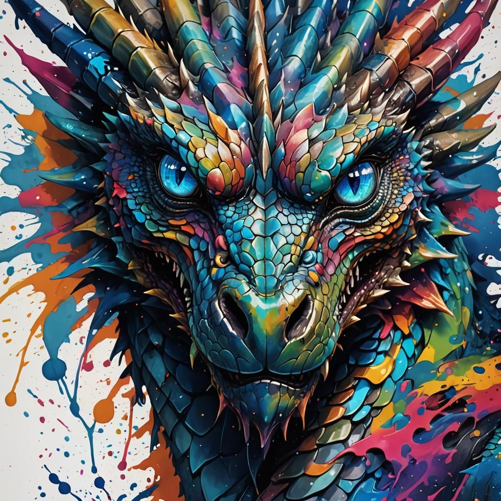 Vibrant Dragon Head with Ink Splatters, Digital Art
