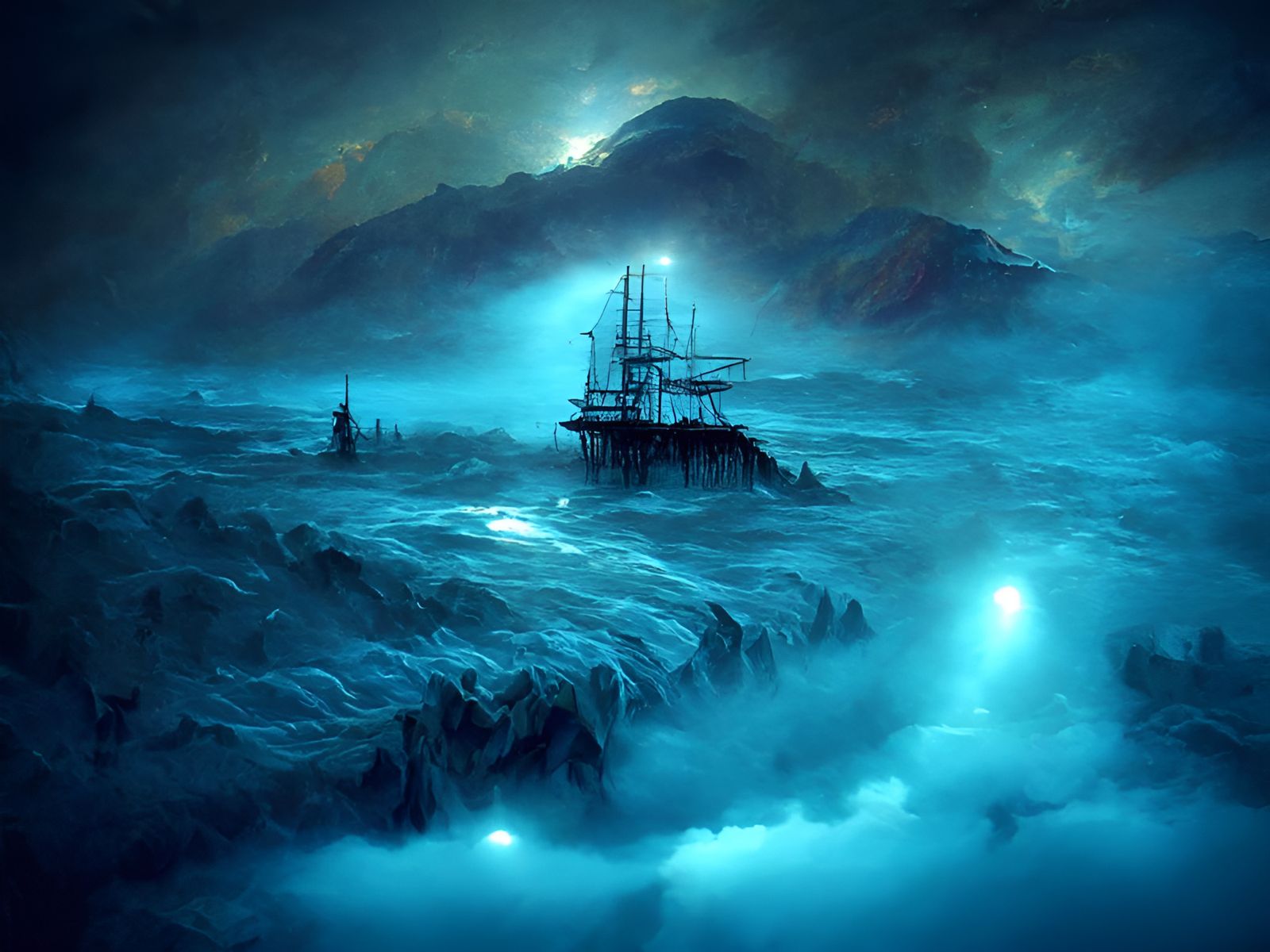 Ghost Ship Sailing Through a Misty Seascape