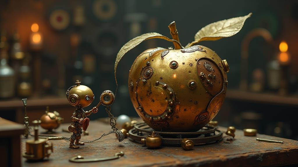 Surreal Steampunk Scene Unfolds with Mechanical Apple and Cl...