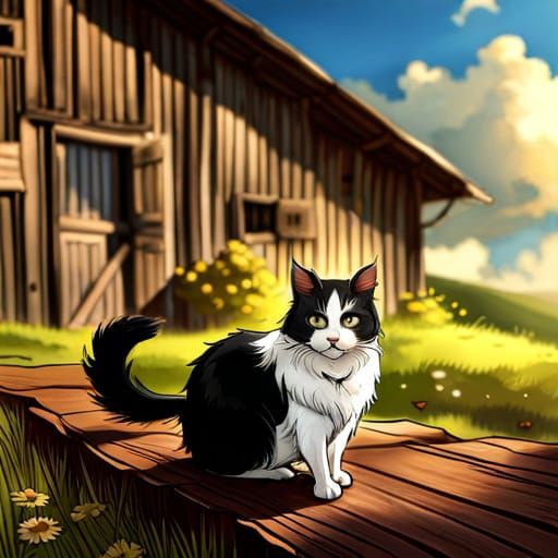 Chibi Black and White Cat Near Old Barn