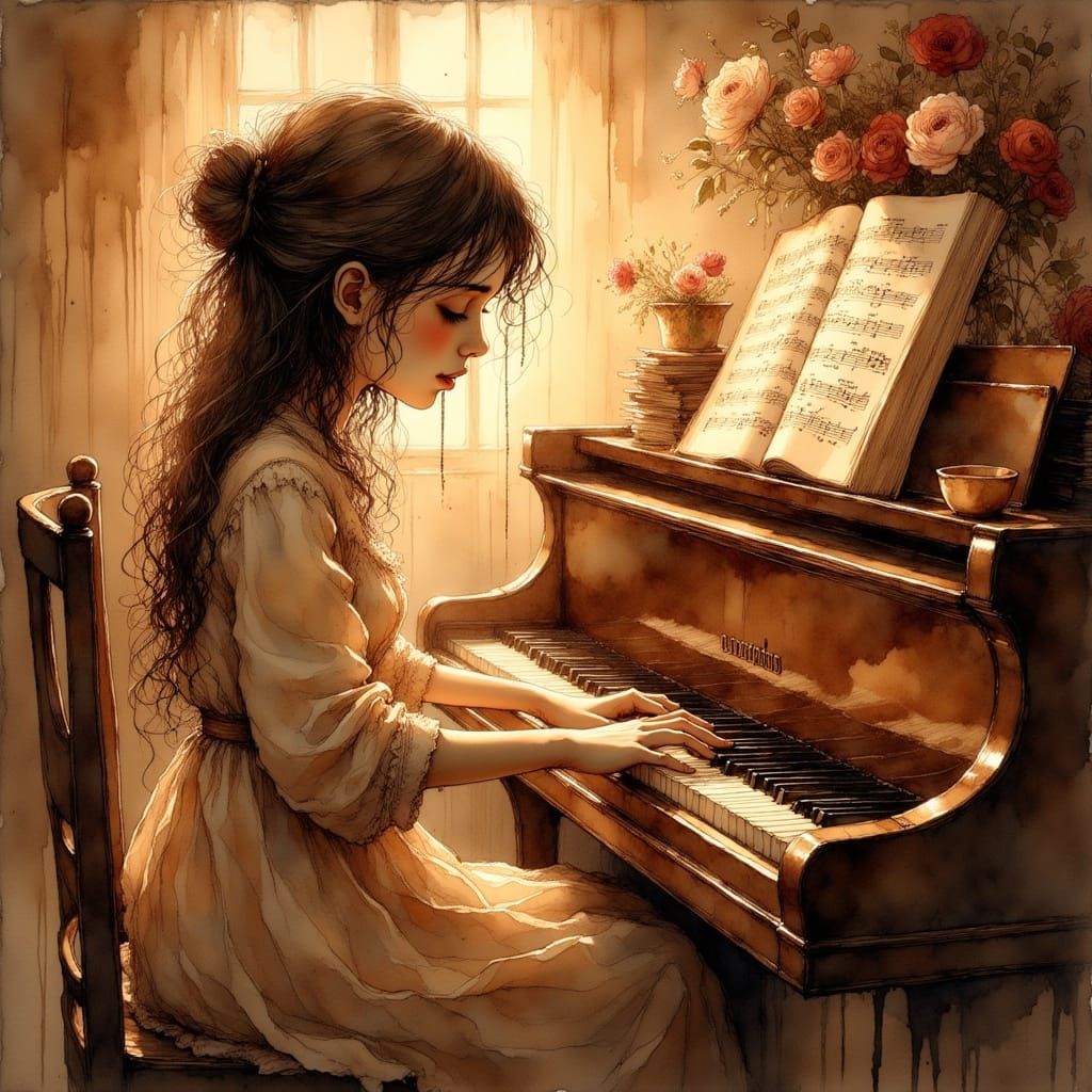 Hands Playing Piano in Golden Light